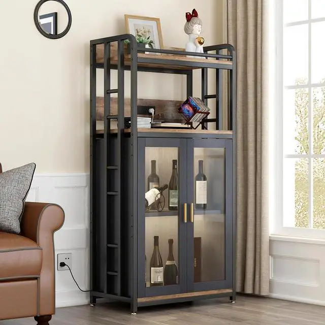 Alt view image 6 of 7 - Adjustable 4-Tier Heavy Duty Kitchen Baker's Rack with Power Outlet, with Industrial Wheels, Free Standing Microwave Oven Cart Stand for Storage in Living Room, Garage, Rustic Brown