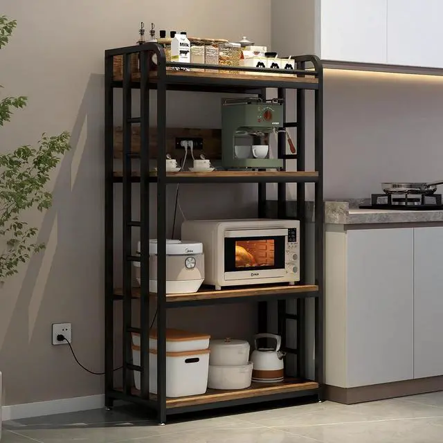 Alt view image 7 of 7 - Adjustable 4-Tier Heavy Duty Kitchen Baker's Rack with Power Outlet, with Industrial Wheels, Free Standing Microwave Oven Cart Stand for Storage in Living Room, Garage, Rustic Brown