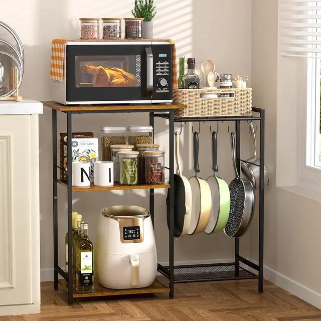 Main image of Kitchen Stand with Pots Rack, Utility Microwave Oven Stand with Storage, 5 Tiers Coffee Bar Table, Small Kitchen Bakers Rack with 6 S Hooks, Kitchen Storage Shelf Rack for Spices, Pots, Rustic Brown