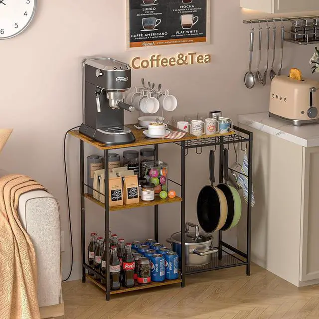 Alt view image 3 of 7 - Kitchen Stand with Pots Rack, Utility Microwave Oven Stand with Storage, 5 Tiers Coffee Bar Table, Small Kitchen Bakers Rack with 6 S Hooks, Kitchen Storage Shelf Rack for Spices, Pots, Rustic Brown