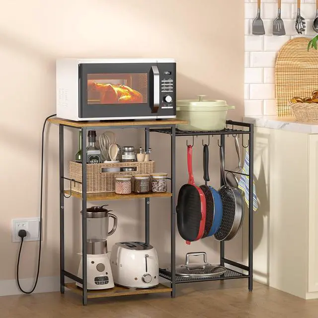 Alt view image 4 of 7 - Kitchen Stand with Pots Rack, Utility Microwave Oven Stand with Storage, 5 Tiers Coffee Bar Table, Small Kitchen Bakers Rack with 6 S Hooks, Kitchen Storage Shelf Rack for Spices, Pots, Rustic Brown