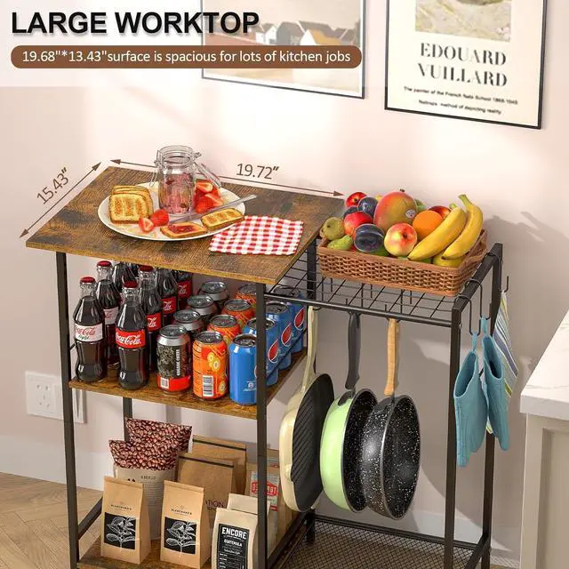 Alt view image 5 of 7 - Kitchen Stand with Pots Rack, Utility Microwave Oven Stand with Storage, 5 Tiers Coffee Bar Table, Small Kitchen Bakers Rack with 6 S Hooks, Kitchen Storage Shelf Rack for Spices, Pots, Rustic Brown