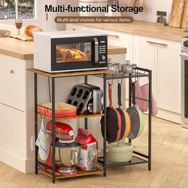 Alt view image 6 of 7 - Kitchen Stand with Pots Rack, Utility Microwave Oven Stand with Storage, 5 Tiers Coffee Bar Table, Small Kitchen Bakers Rack with 6 S Hooks, Kitchen Storage Shelf Rack for Spices, Pots, Rustic Brown