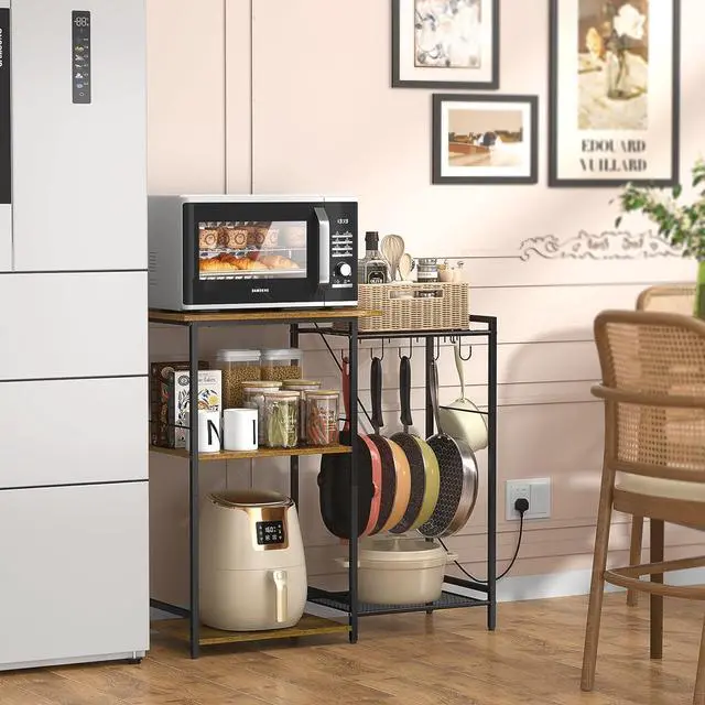 Alt view image 7 of 7 - Kitchen Stand with Pots Rack, Utility Microwave Oven Stand with Storage, 5 Tiers Coffee Bar Table, Small Kitchen Bakers Rack with 6 S Hooks, Kitchen Storage Shelf Rack for Spices, Pots, Rustic Brown