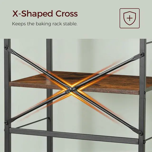 Alt view image 7 of 7 - Bakers Rack with Drawer, Microwave Stand with Power Outlet, Coffee Bar Station with 4 Hooks, Kitchen Storage Shelf Rack 4 Tiers, for Kitchen, Dining Room, Rustic Brown and Black BRHR48E01