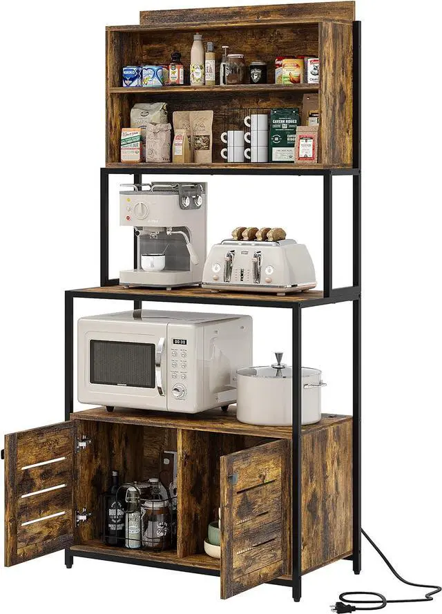 Main image of Furniouse 5-Tier Kitchen Bakers Rack with Power Outlet, Industrial Microwave Oven Stand with Shelves, Kitchen Utility Storage Shelf with Cabinet, Standing Kitchen Storage Rack, Rustic Brown