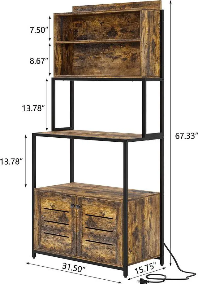 Alt view image 3 of 7 - Furniouse 5-Tier Kitchen Bakers Rack with Power Outlet, Industrial Microwave Oven Stand with Shelves, Kitchen Utility Storage Shelf with Cabinet, Standing Kitchen Storage Rack, Rustic Brown