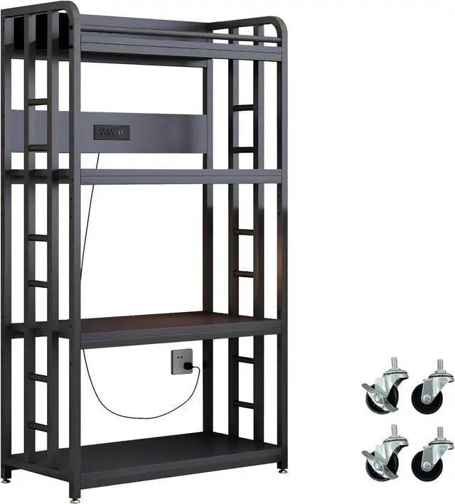 Main image of Adjustable 4-Tier Heavy Duty Kitchen Baker's Rack with Power Outlet, with Industrial Wheels, Free Standing Microwave Oven Cart Stand for Storage, Garage, Mini Fridge Stand, Black