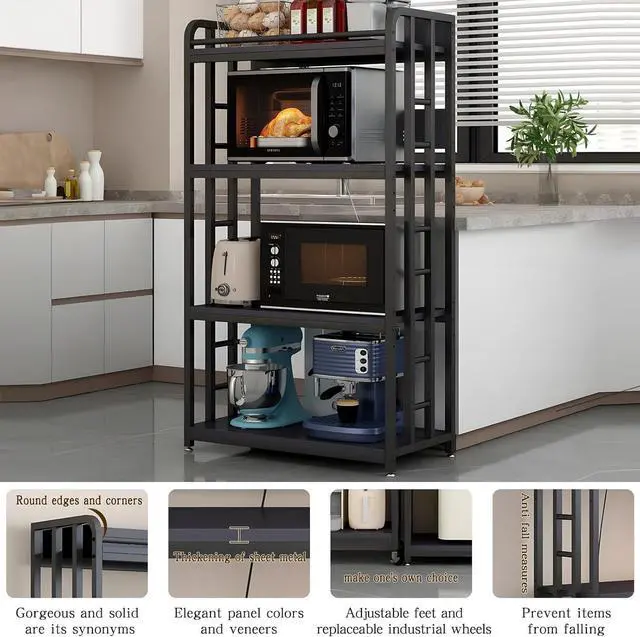 Alt view image 6 of 7 - Adjustable 4-Tier Heavy Duty Kitchen Baker's Rack with Power Outlet, with Industrial Wheels, Free Standing Microwave Oven Cart Stand for Storage, Garage, Mini Fridge Stand, Black