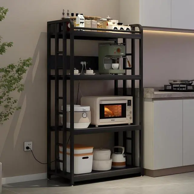 Alt view image 7 of 7 - Adjustable 4-Tier Heavy Duty Kitchen Baker's Rack with Power Outlet, with Industrial Wheels, Free Standing Microwave Oven Cart Stand for Storage, Garage, Mini Fridge Stand, Black