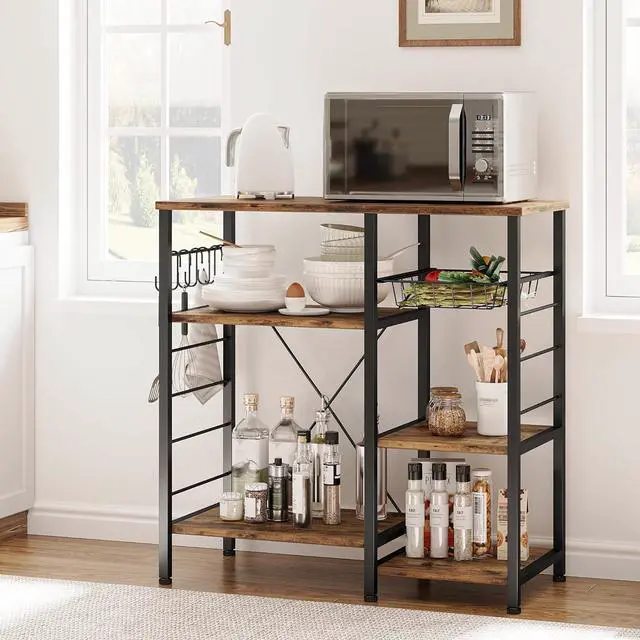 Alt view image 2 of 7 - IRONCK Industrial Kitchen Bakers Rack, Kitchen Island Utility Storage Shelf, Coffee Bar Microwave Stand with 6 Hooks, Metal Frame, Simple Assembly, Vintage Brown