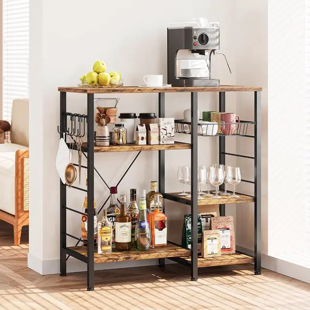 Alt view image 4 of 7 - IRONCK Industrial Kitchen Bakers Rack, Kitchen Island Utility Storage Shelf, Coffee Bar Microwave Stand with 6 Hooks, Metal Frame, Simple Assembly, Vintage Brown