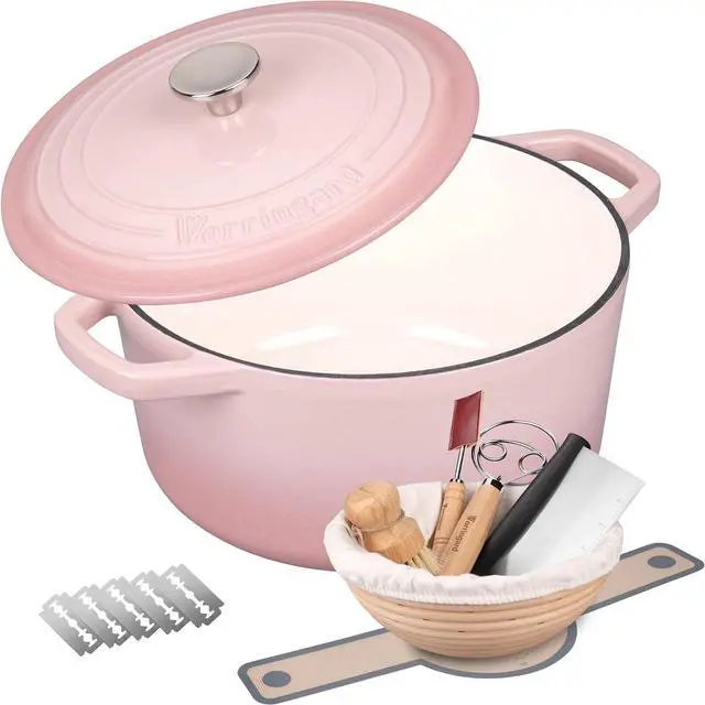 Main image of Enameled Cast Iron Dutch Oven Pot with Lid, for Bread Baking, Round Bread Oven- include Sourdough Bread Baking Supplies Set, 6QT, Pink