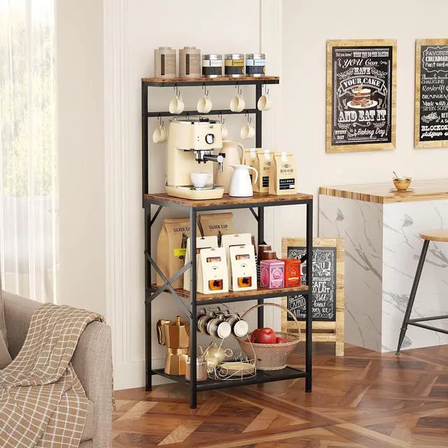 Alt view image 5 of 7 - Kitchen Bakers Rack with Storage Shelves, Small Coffee Bar Cart with 8 Hooks, 4 Tiers Microwave Stand Station with Adjustable Shelves, Freestanding Kitchen Appliance Organizer, Rustic Brown