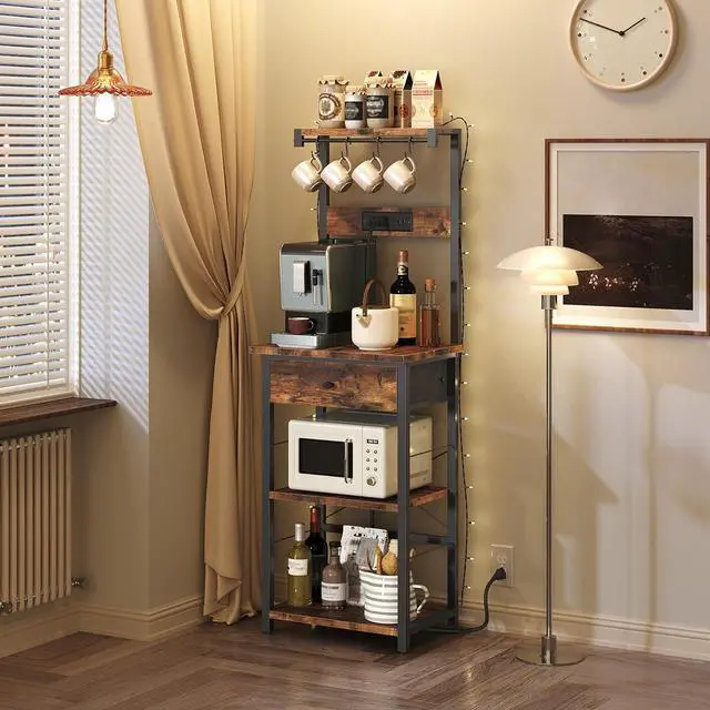 Alt view image 2 of 7 - Bakers Rack with Drawer, Microwave Stand with Power Outlet, Coffee Bar Station with 4 Hooks, Kitchen Storage Shelf Rack 4 Tiers, for Kitchen, Dining Room, Rustic Brown and Black BRHR48E01