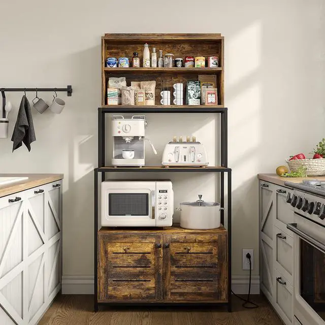 Alt view image 4 of 7 - Furniouse 5-Tier Kitchen Bakers Rack with Power Outlet, Industrial Microwave Oven Stand with Shelves, Kitchen Utility Storage Shelf with Cabinet, Standing Kitchen Storage Rack, Rustic Brown