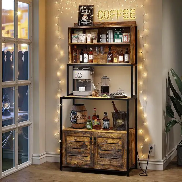 Alt view image 5 of 7 - Furniouse 5-Tier Kitchen Bakers Rack with Power Outlet, Industrial Microwave Oven Stand with Shelves, Kitchen Utility Storage Shelf with Cabinet, Standing Kitchen Storage Rack, Rustic Brown