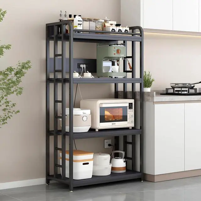 Alt view image 2 of 7 - Adjustable 4-Tier Heavy Duty Kitchen Baker's Rack with Power Outlet, with Industrial Wheels, Free Standing Microwave Oven Cart Stand for Storage, Garage, Mini Fridge Stand, Black