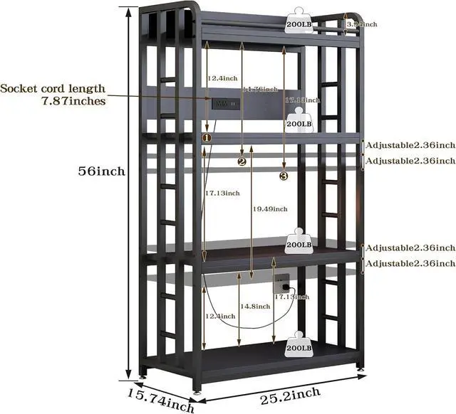 Alt view image 3 of 7 - Adjustable 4-Tier Heavy Duty Kitchen Baker's Rack with Power Outlet, with Industrial Wheels, Free Standing Microwave Oven Cart Stand for Storage, Garage, Mini Fridge Stand, Black
