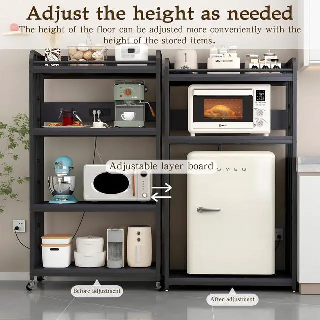 Alt view image 5 of 7 - Adjustable 4-Tier Heavy Duty Kitchen Baker's Rack with Power Outlet, with Industrial Wheels, Free Standing Microwave Oven Cart Stand for Storage, Garage, Mini Fridge Stand, Black