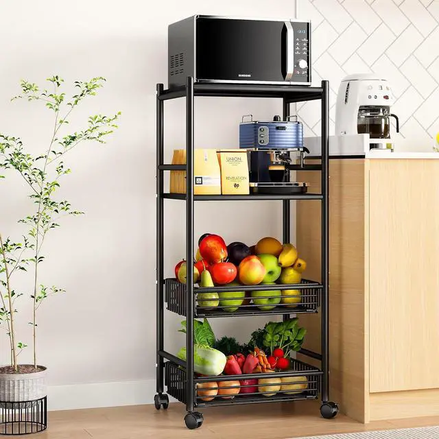 Main image of Kitchen Microwave Stand Shelf - 4 Tiers Metal Bakers Rack with Casters, Coffee Bar Station with Storage, Black