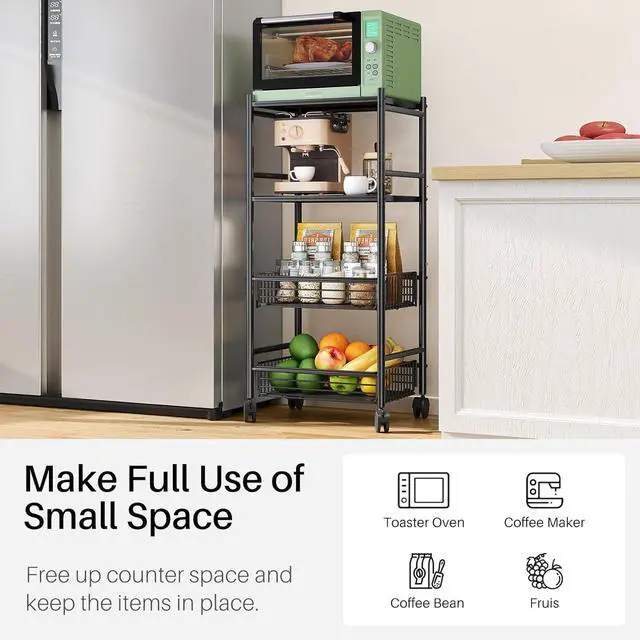 Alt view image 3 of 7 - Kitchen Microwave Stand Shelf - 4 Tiers Metal Bakers Rack with Casters, Coffee Bar Station with Storage, Black