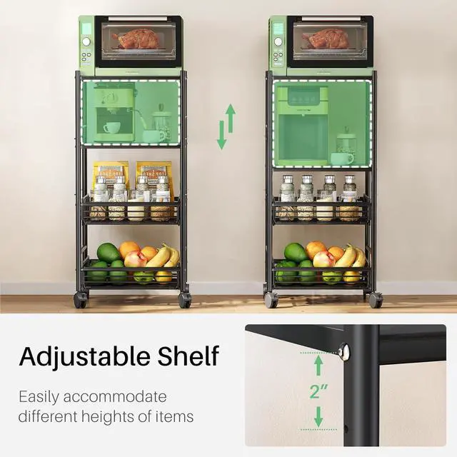 Alt view image 4 of 7 - Kitchen Microwave Stand Shelf - 4 Tiers Metal Bakers Rack with Casters, Coffee Bar Station with Storage, Black