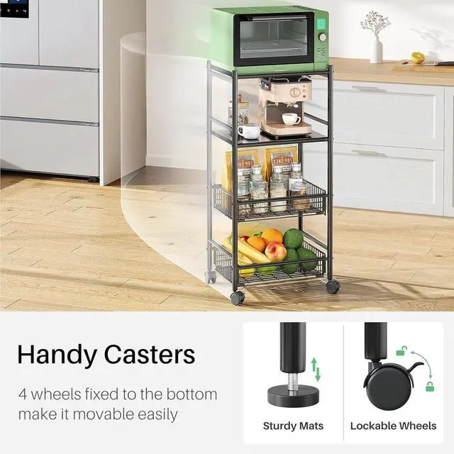 Alt view image 5 of 7 - Kitchen Microwave Stand Shelf - 4 Tiers Metal Bakers Rack with Casters, Coffee Bar Station with Storage, Black