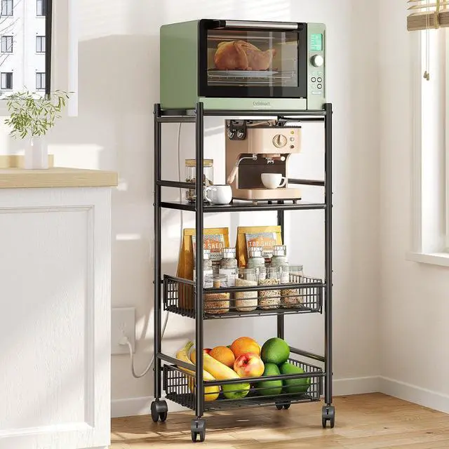 Alt view image 7 of 7 - Kitchen Microwave Stand Shelf - 4 Tiers Metal Bakers Rack with Casters, Coffee Bar Station with Storage, Black