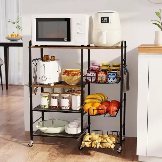 Main image of HapiRm Rolling Kitchen Microwave Cart - 4 Tier Microwave Table Stand with Pull-Out Baskets, Coffee Bar Baker's Rack with Wheels Rolling Storage Cart Organizer Shelf for Living Room Office, Balcony