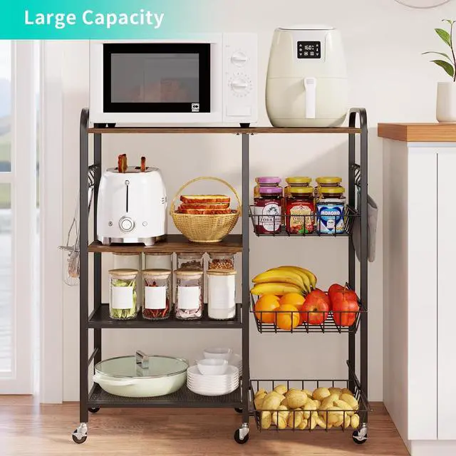 Alt view image 2 of 7 - HapiRm Rolling Kitchen Microwave Cart - 4 Tier Microwave Table Stand with Pull-Out Baskets, Coffee Bar Baker's Rack with Wheels Rolling Storage Cart Organizer Shelf for Living Room Office, Balcony
