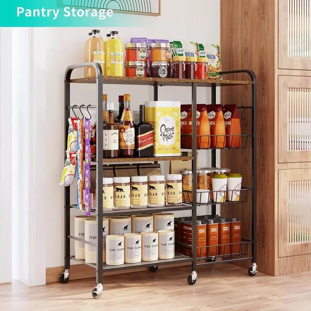 Alt view image 4 of 7 - HapiRm Rolling Kitchen Microwave Cart - 4 Tier Microwave Table Stand with Pull-Out Baskets, Coffee Bar Baker's Rack with Wheels Rolling Storage Cart Organizer Shelf for Living Room Office, Balcony