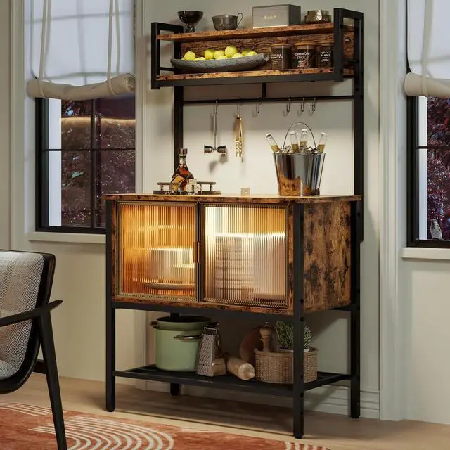 Main image of Bestier Coffee Bar with Storage, 5 Tier Microwave Stand with LED Lights, Kitchen Bakers Rack with Cabinet, Heavy Duty Storage Shelves for Kitchen Garage Pantry(Rustic Brown)