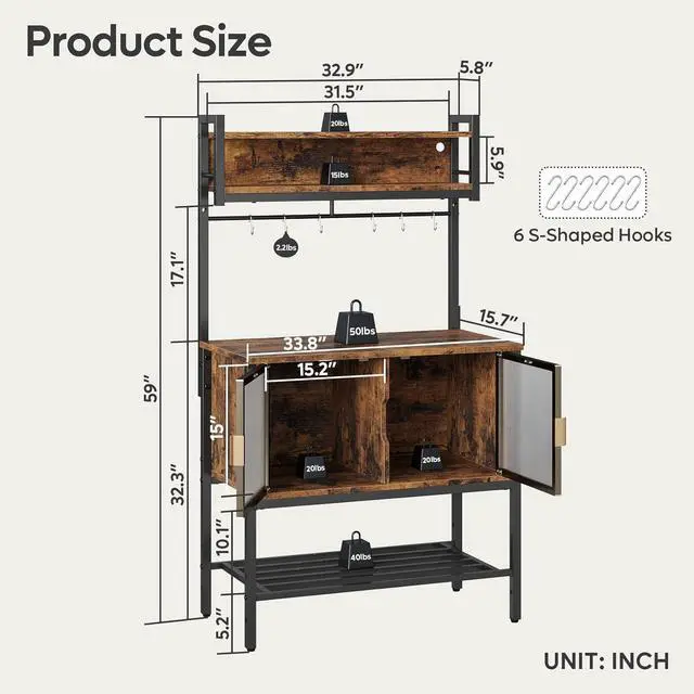 Alt view image 2 of 7 - Bestier Coffee Bar with Storage, 5 Tier Microwave Stand with LED Lights, Kitchen Bakers Rack with Cabinet, Heavy Duty Storage Shelves for Kitchen Garage Pantry(Rustic Brown)