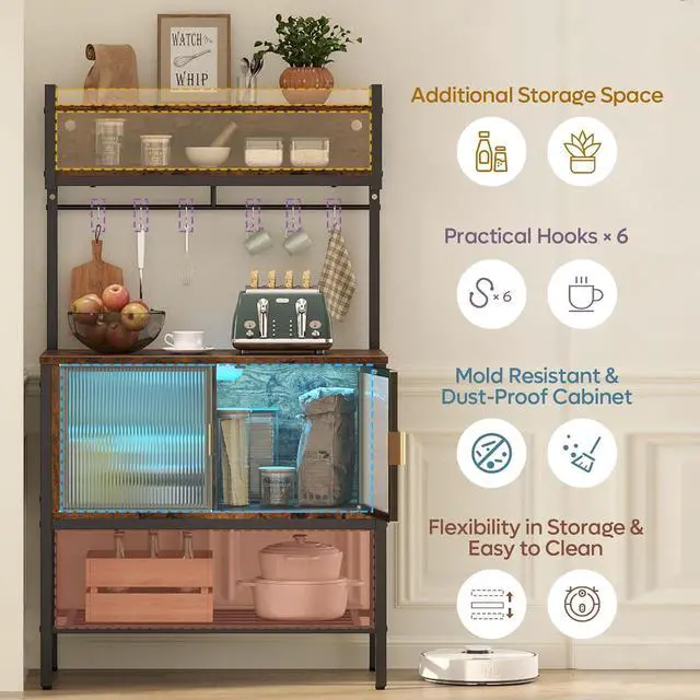 Alt view image 4 of 7 - Bestier Coffee Bar with Storage, 5 Tier Microwave Stand with LED Lights, Kitchen Bakers Rack with Cabinet, Heavy Duty Storage Shelves for Kitchen Garage Pantry(Rustic Brown)