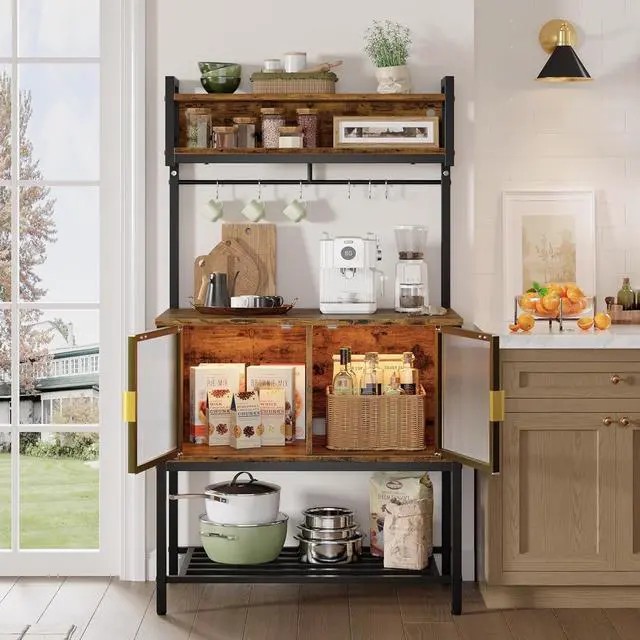 Alt view image 6 of 7 - Bestier Coffee Bar with Storage, 5 Tier Microwave Stand with LED Lights, Kitchen Bakers Rack with Cabinet, Heavy Duty Storage Shelves for Kitchen Garage Pantry(Rustic Brown)
