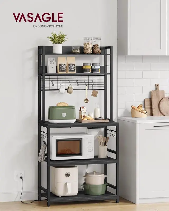 Alt view image 2 of 7 - VASAGLE Hutch Bakers Rack with Power Outlet, 14 Hooks Microwave Stand, Adjustable Coffee Bar with Metal Wire Panel, Kitchen Storage Shelf, 15.7 x 31.5 x 66.9 Inches, Charcoal Gray and Ink Black