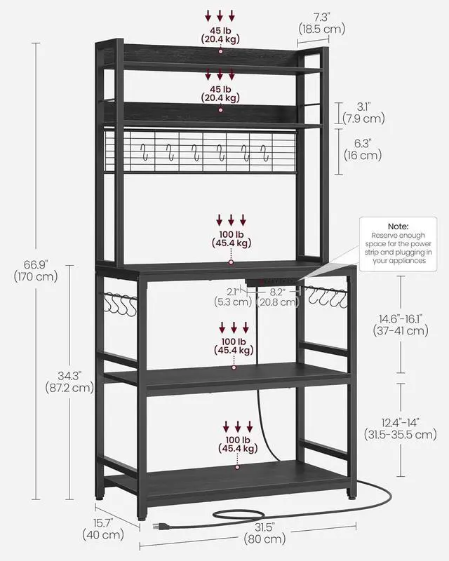 Alt view image 3 of 7 - VASAGLE Hutch Bakers Rack with Power Outlet, 14 Hooks Microwave Stand, Adjustable Coffee Bar with Metal Wire Panel, Kitchen Storage Shelf, 15.7 x 31.5 x 66.9 Inches, Charcoal Gray and Ink Black