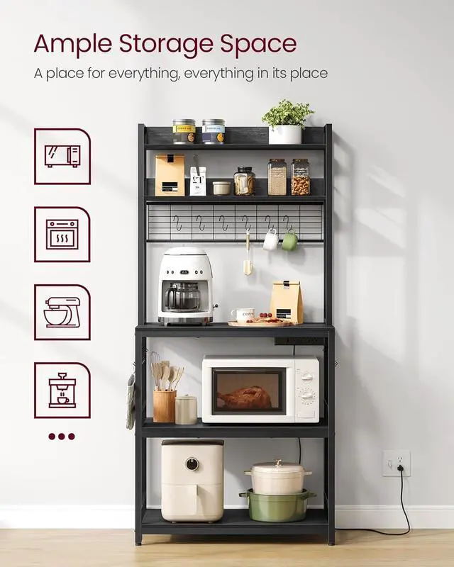 Alt view image 4 of 7 - VASAGLE Hutch Bakers Rack with Power Outlet, 14 Hooks Microwave Stand, Adjustable Coffee Bar with Metal Wire Panel, Kitchen Storage Shelf, 15.7 x 31.5 x 66.9 Inches, Charcoal Gray and Ink Black