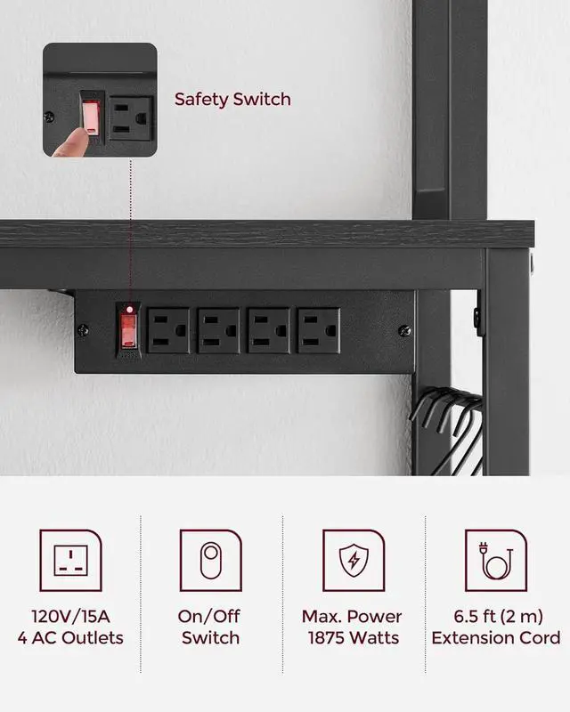 Alt view image 5 of 7 - VASAGLE Hutch Bakers Rack with Power Outlet, 14 Hooks Microwave Stand, Adjustable Coffee Bar with Metal Wire Panel, Kitchen Storage Shelf, 15.7 x 31.5 x 66.9 Inches, Charcoal Gray and Ink Black