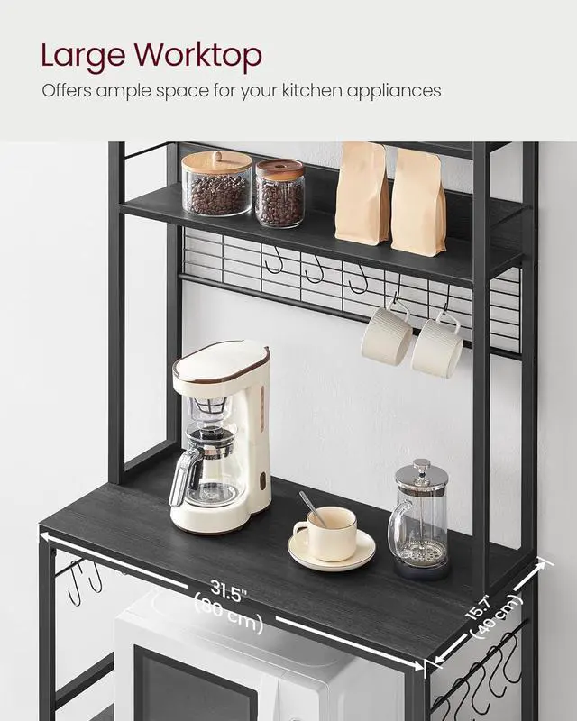 Alt view image 6 of 7 - VASAGLE Hutch Bakers Rack with Power Outlet, 14 Hooks Microwave Stand, Adjustable Coffee Bar with Metal Wire Panel, Kitchen Storage Shelf, 15.7 x 31.5 x 66.9 Inches, Charcoal Gray and Ink Black