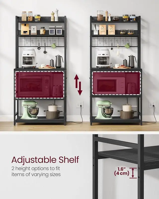 Alt view image 7 of 7 - VASAGLE Hutch Bakers Rack with Power Outlet, 14 Hooks Microwave Stand, Adjustable Coffee Bar with Metal Wire Panel, Kitchen Storage Shelf, 15.7 x 31.5 x 66.9 Inches, Charcoal Gray and Ink Black