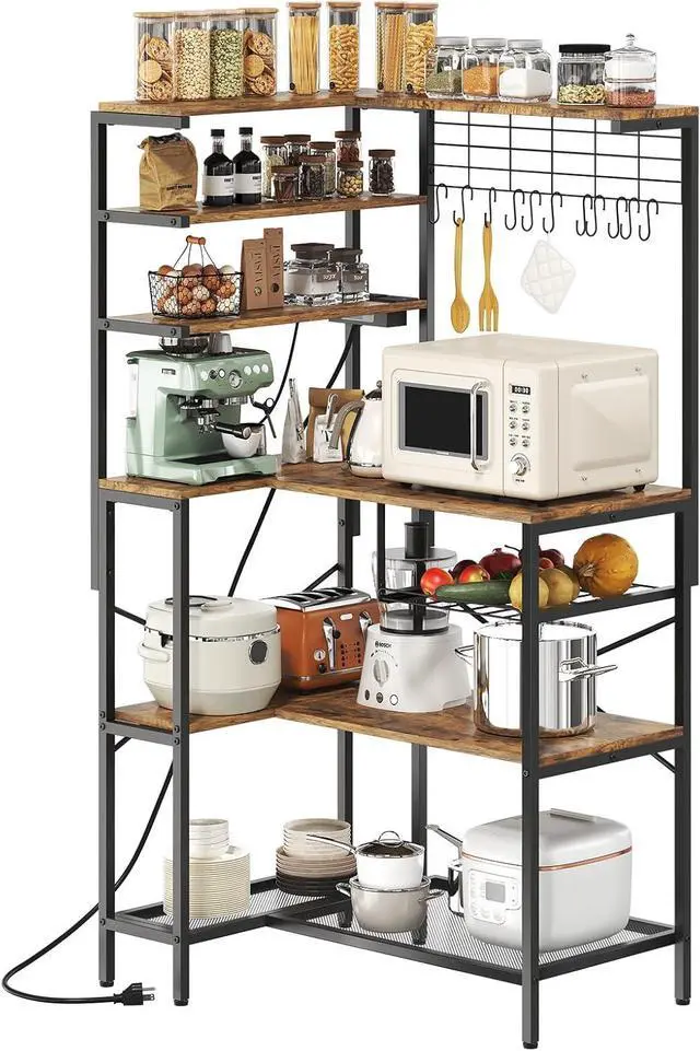 Main image of L-Shaped Bakers Rack with Power Outlet, 6-Tier Microwave Stand with Open Storage, Coffee Bar with Hooks, Mesh Grid, Kitchen Shelf with Wire Basket, Rustic Brown and Black