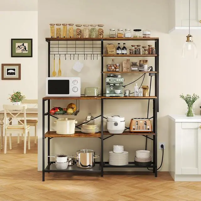 Alt view image 2 of 7 - L-Shaped Bakers Rack with Power Outlet, 6-Tier Microwave Stand with Open Storage, Coffee Bar with Hooks, Mesh Grid, Kitchen Shelf with Wire Basket, Rustic Brown and Black