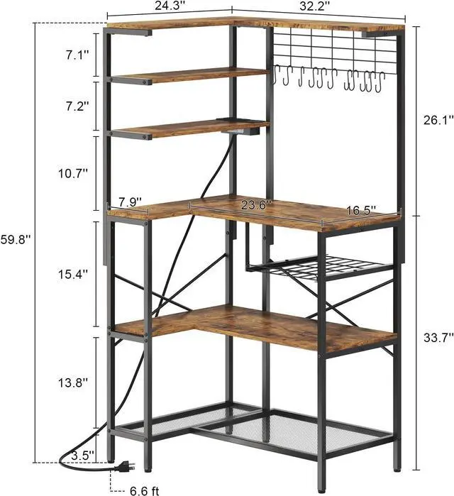 Alt view image 3 of 7 - L-Shaped Bakers Rack with Power Outlet, 6-Tier Microwave Stand with Open Storage, Coffee Bar with Hooks, Mesh Grid, Kitchen Shelf with Wire Basket, Rustic Brown and Black
