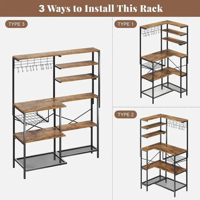 Alt view image 4 of 7 - L-Shaped Bakers Rack with Power Outlet, 6-Tier Microwave Stand with Open Storage, Coffee Bar with Hooks, Mesh Grid, Kitchen Shelf with Wire Basket, Rustic Brown and Black