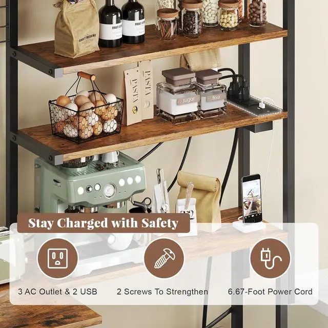 Alt view image 5 of 7 - L-Shaped Bakers Rack with Power Outlet, 6-Tier Microwave Stand with Open Storage, Coffee Bar with Hooks, Mesh Grid, Kitchen Shelf with Wire Basket, Rustic Brown and Black
