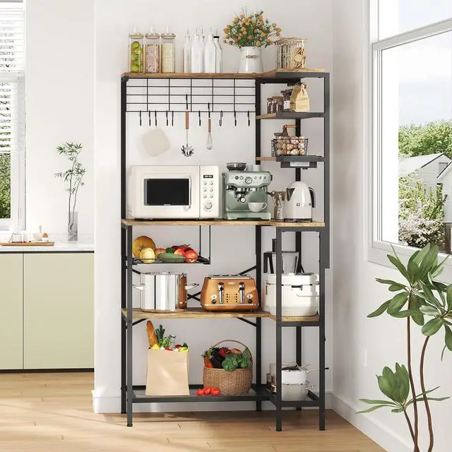 Alt view image 7 of 7 - L-Shaped Bakers Rack with Power Outlet, 6-Tier Microwave Stand with Open Storage, Coffee Bar with Hooks, Mesh Grid, Kitchen Shelf with Wire Basket, Rustic Brown and Black
