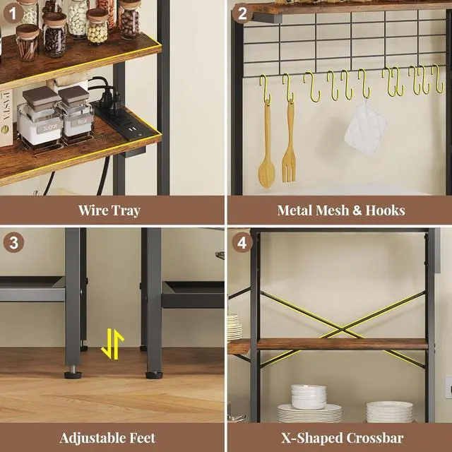 Alt view image 6 of 7 - L-Shaped Bakers Rack with Power Outlet, 6-Tier Microwave Stand with Open Storage, Coffee Bar with Hooks, Mesh Grid, Kitchen Shelf with Wire Basket, Rustic Brown and Black