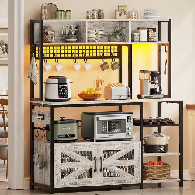 Main image of Itaar 47.2 Inch Bakers Rack with Power Outlet, Microwave Stand with Storage, Farmhouse Coffee Bar Cabinet Station with Wine Rack, Iron Grid and 8-S Hooks, Vintage White